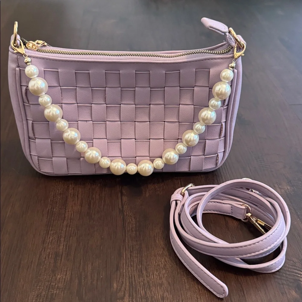 WOMENS HANDBAG DETACHABLE PEARL STRAP ADJUSTABLE CROSSBODY PURPLE WOVEN